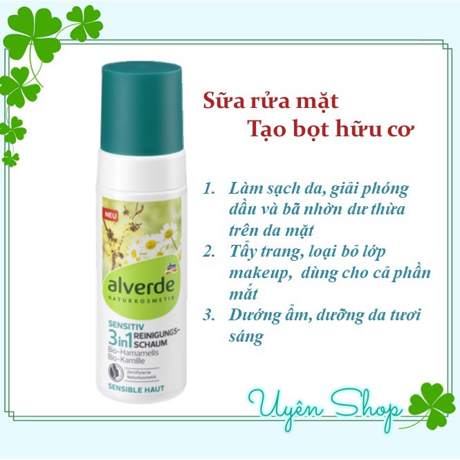 Sữa rửa mặt tạo bọt hữu cơ cho da nhạy cảm Alverde 3 in 1, 150ml