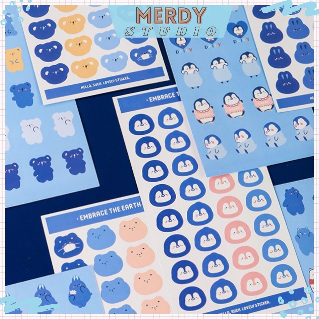 Set 2 tấm sticker 52 miếng dán hoạt hình động vật xứ lạnh dễ thương