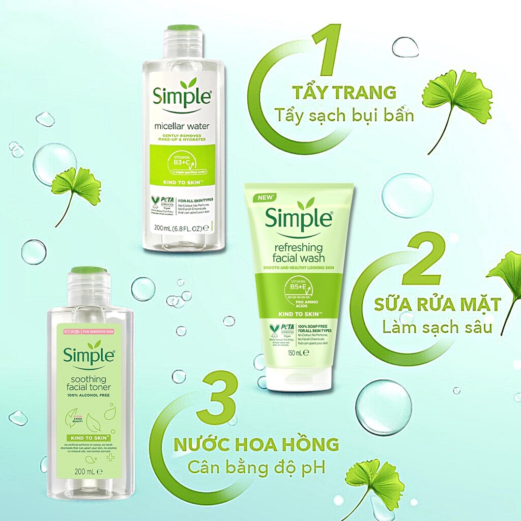 Combo 3 Simple làm da sạch (sữa rửa mặt 150ml - Tẩy trang 200ml - Toner nước hoa hồng 200ml)