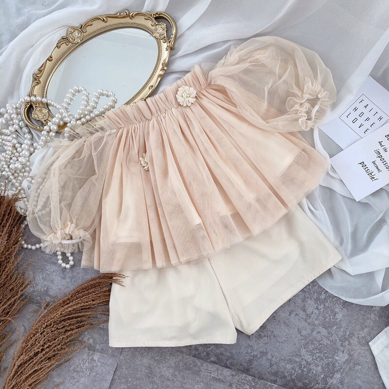 SET ÁO VOAN LƯỚI NUDE TAY PHỒNG SHORT