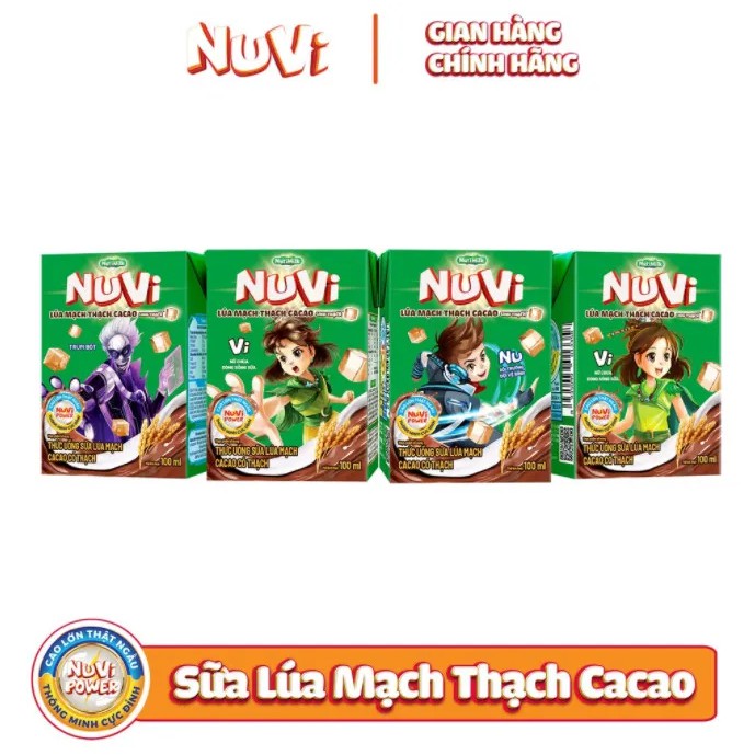 Lốc 4 hộp Nutifood NuVi Thức uống Sữa Lúa mạch Cacao Có Thạch hộp 100ml