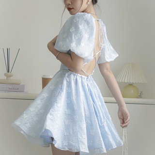 Đầm Hoa Xanh Nổi Hở Lưng Đan Dây Chéo🦋FREESHIP🦋