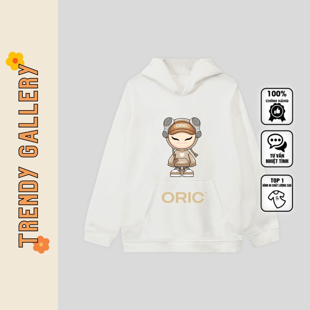 Áo Hoodie Nam Trắng Đen In Hình ORIC Trendy Gallery, Áo Hoodie Nỉ Form Rộng Đơn Giản TV5017