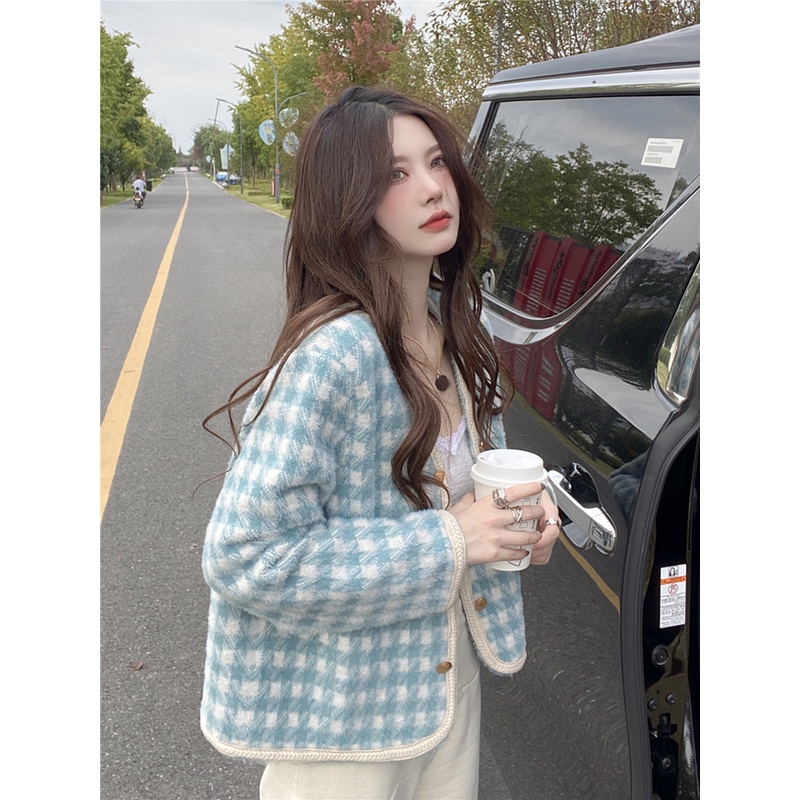 Áo khoác cardigan len nữ lông thỏ mềm mịn tiểu thư phong cách dạ tweed Quảng Châu đen kem Hàn Quốc Kozoda AC72