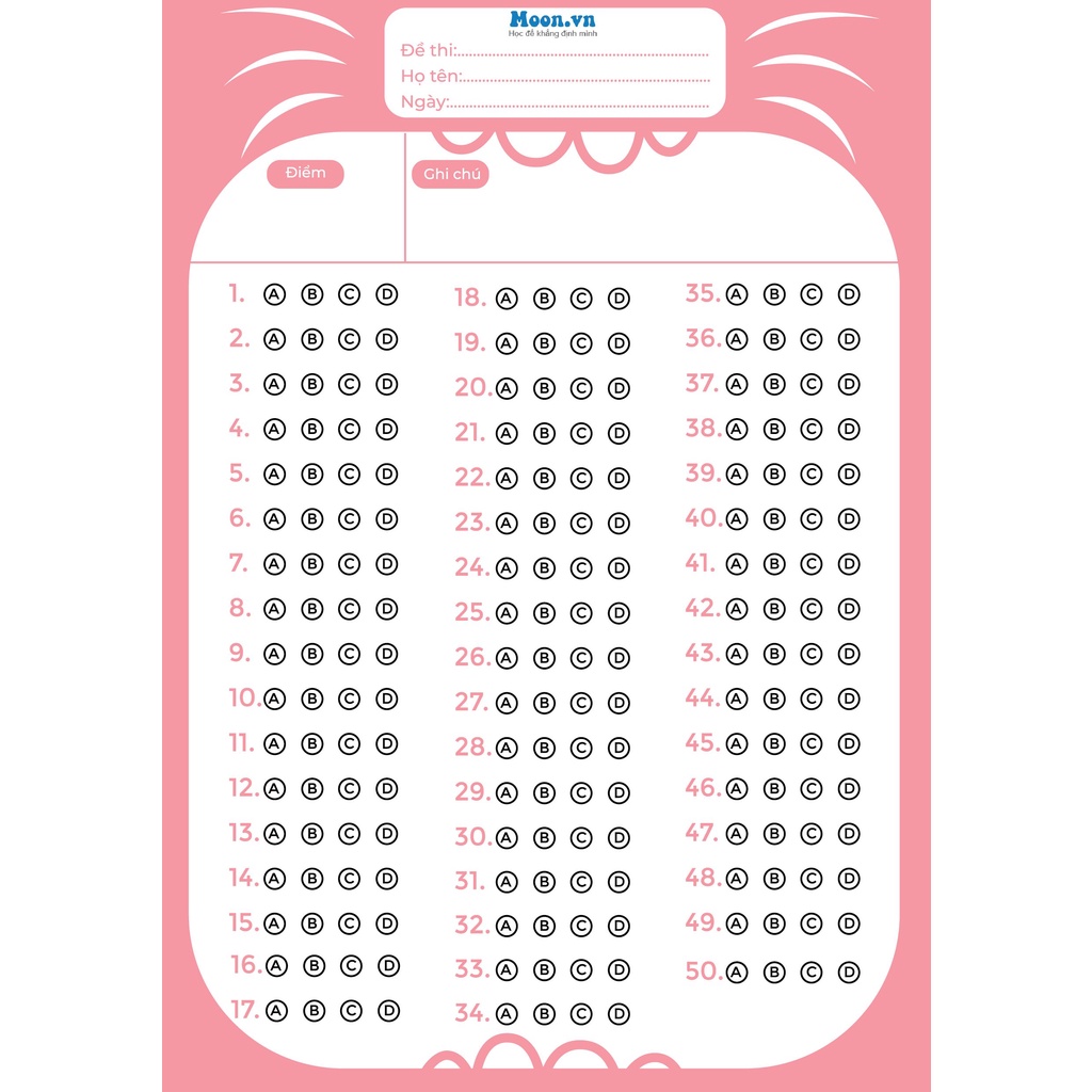 Phiếu trắc nghiệm - Giấy trả lời trắc nghiệm tô đáp án bài thi THPT Quốc gia Moonbook