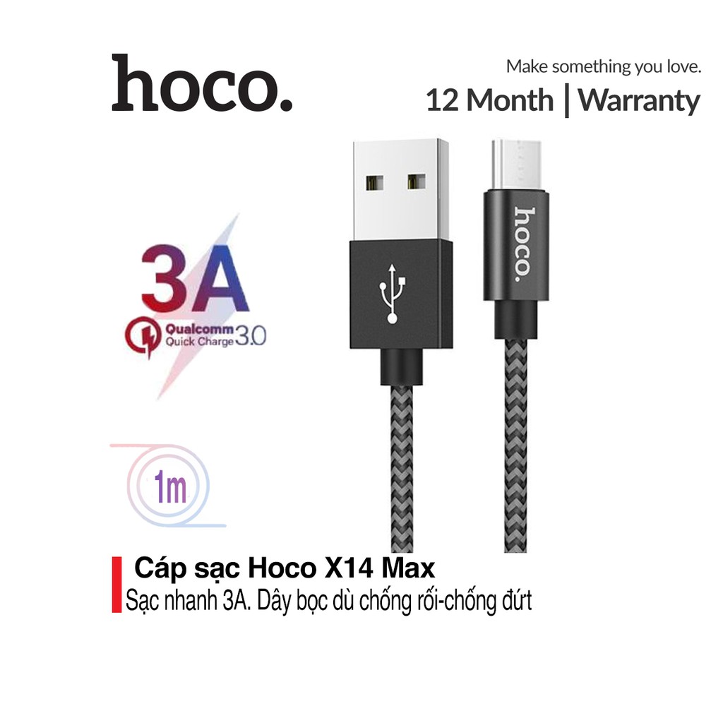 Cáp sạc Hoco X14 MAX sạc nhanh 3A MAX, dây sạc bọc dù chống rối, chống đứt sạc nhanh và truyền dữ liệu