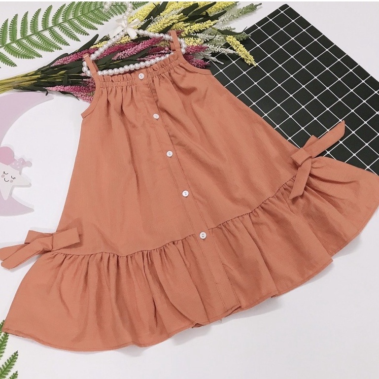 Đầm bé gái hai dây màu nâu đất form suông Cotton xinh xắn, cho bé gái 1-8 tuổi