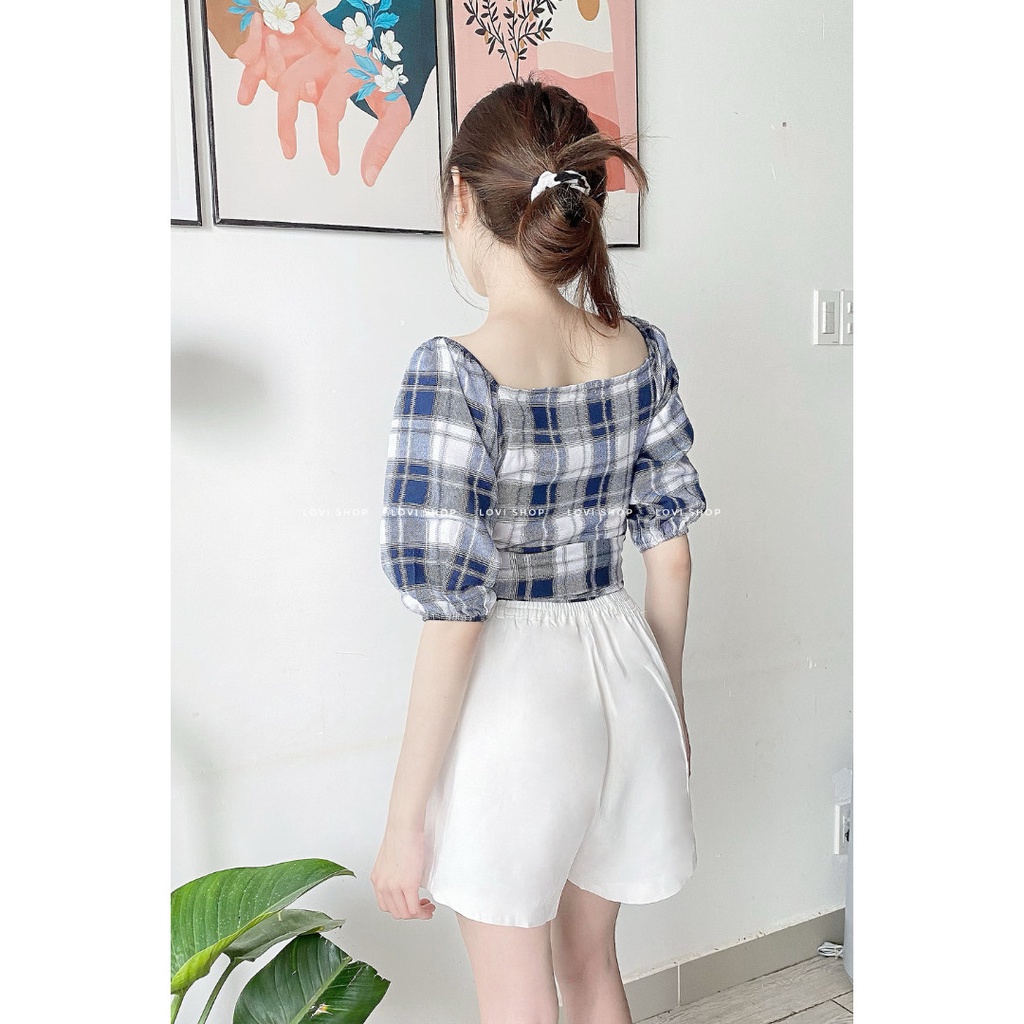 Áo caro đắp chéo cột nơ 2 màu caro Xanh- Đen Lovi