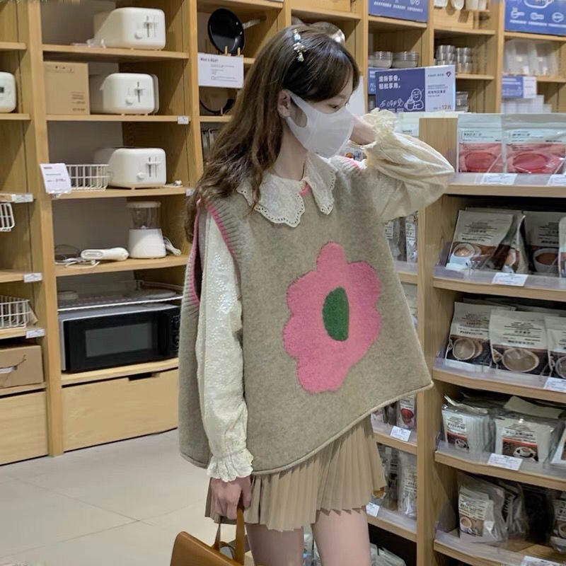 Cổ Phiếu Sẵn Sàng❤Ah F &amp; X Áo Sweater Dệt Kim Không Tay Dáng Rộng In Hoa Hồng Phong Cách Pháp Mùa Hè 2022 Cho Nữ