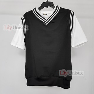 Combo Áo gile viền sọc + Áo thun trắng tay lỡ