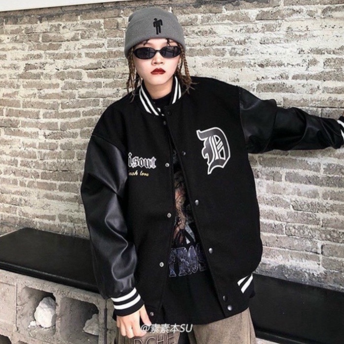 áo khoác bóng chày, áo khoác bomber Unisex nam nữ tay da phối họa tiết chữ Đ