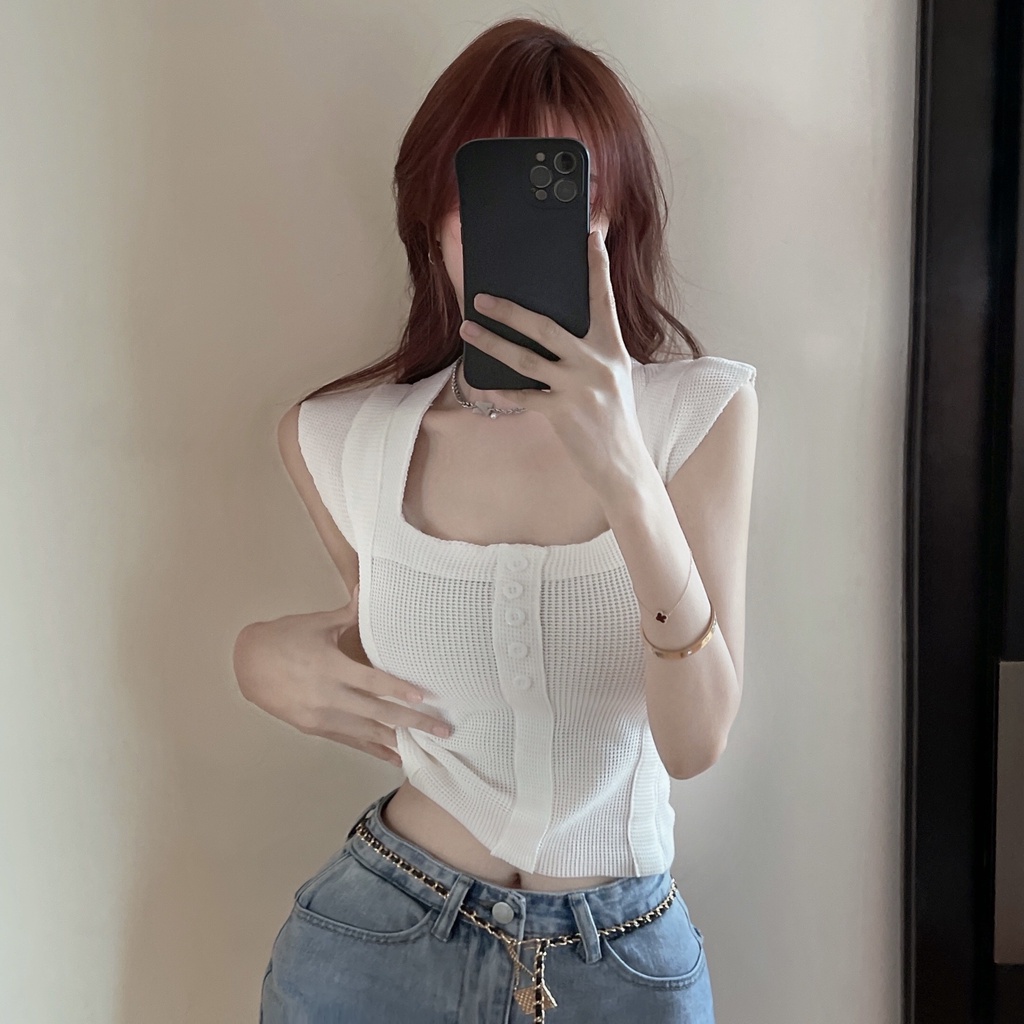 QKOOLE Áo tanktop cổ vuông phối hàng nút phong cách Hàn Quốc gợi cảm