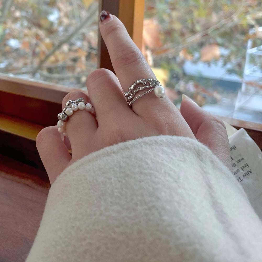 Nhẫn dạng mở đính ngọc trai nhân tạo phối dây xích thời trang sang trọng cho nữ