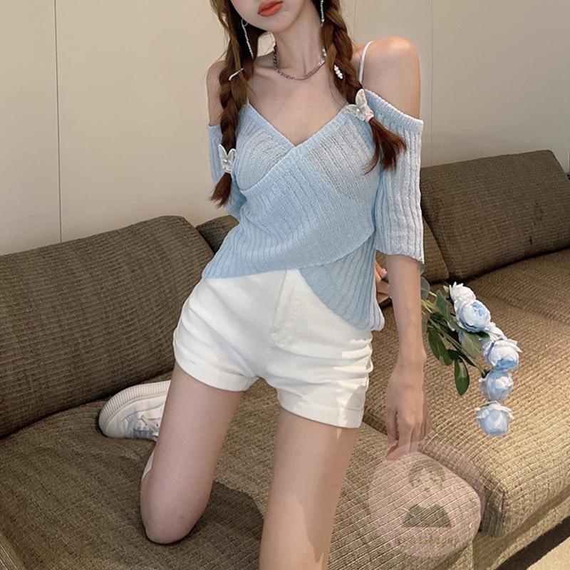 Áo Thun Dệt Kim Trễ Vai Tay Ngắn Thời Trang Mùa Hè Dành Cho Nữ