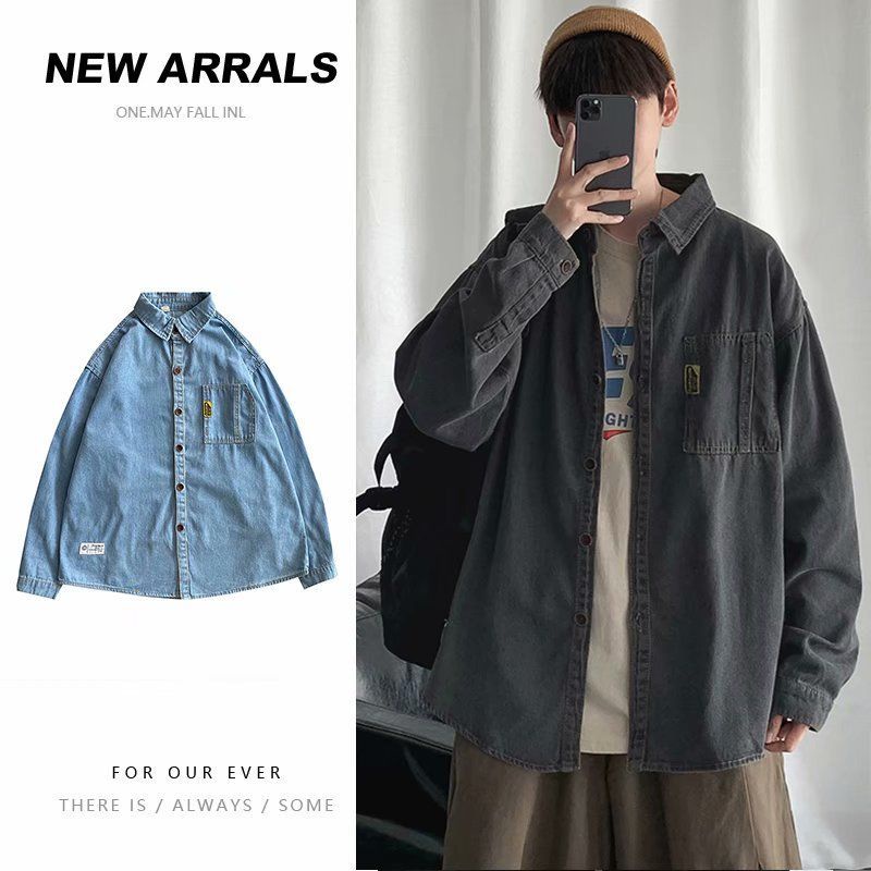 Áo Khoác Denim Tay Dài Dáng Rộng Phong Cách Hip Hop Nhật Bản Thời Trang Thu Đông Cho Nam 2021