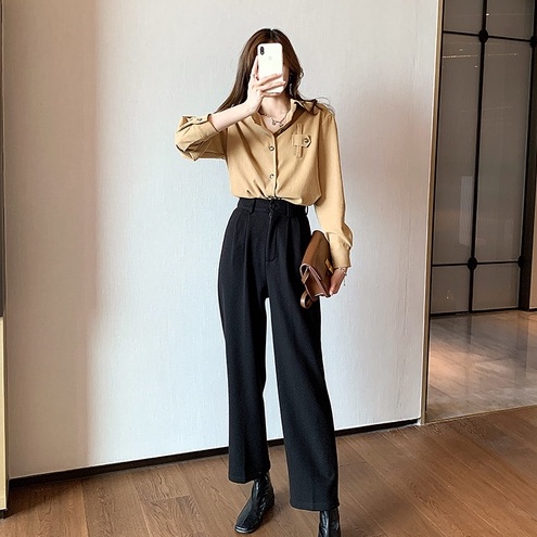 Áo Sơ Mi Tay Dài Dáng Rộng Màu Sắc Đơn Giản Thời Trang Cho Nữ