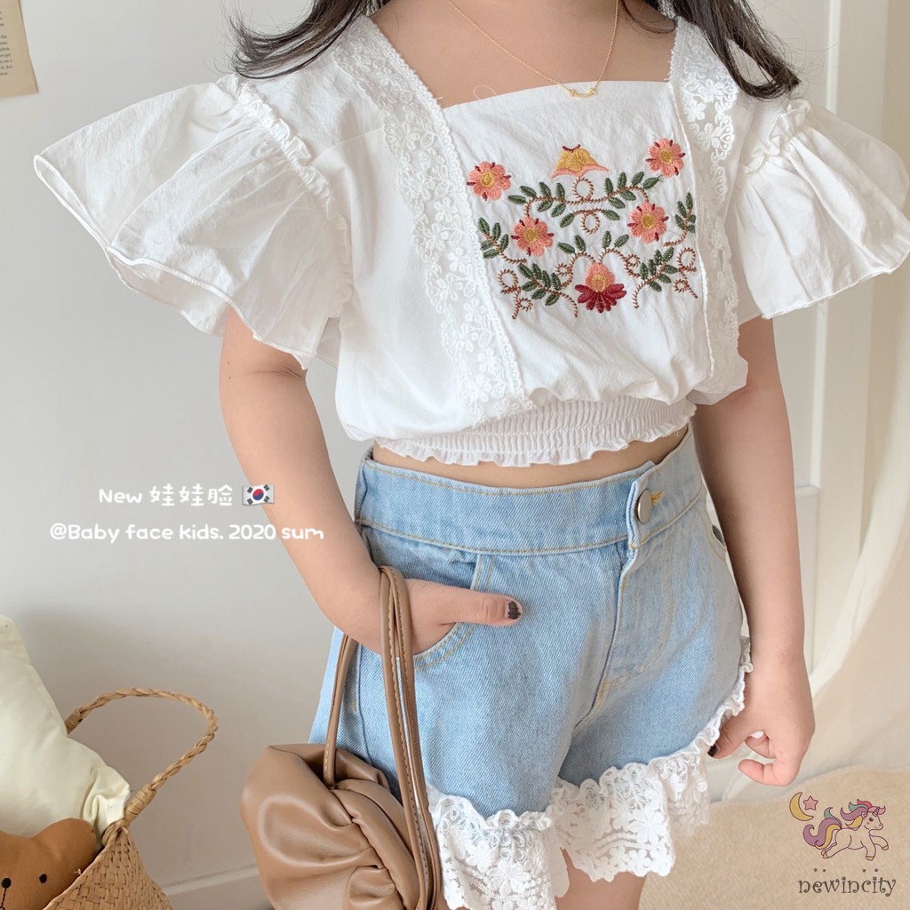 Áo Kiểu Tay Ngắn Phối Ren Hoa Dành Cho Bé Gái