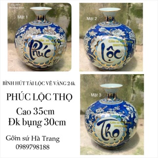 Bình hút tài lộc gốm sứ Bát Tràng cao cấp vẽ vàng 24K hoạ tiết Phúc Lộc Thọ cao 35cm
