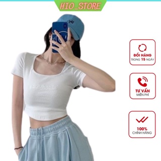 Áo croptop nữ cổ vuông tay ngắn thêu chữ áo croptop cổ vuông ngắn tay ôm eo áo croptop ôm b055