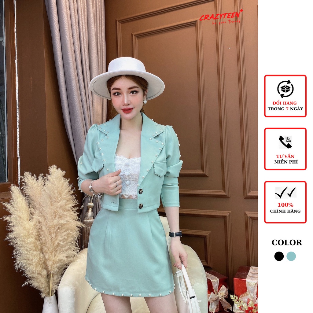 Set vest 3 món nữ CRAZYTEEN áo dáng lỡ tay dài chân váy ngắn S0400 ( Không kèm bra)