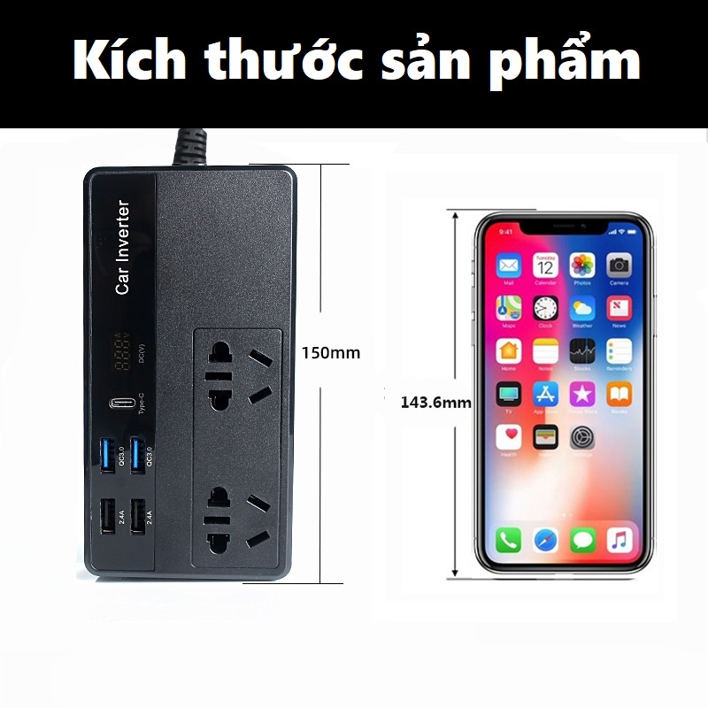 Bộ chuyển đổi điện cao cấp 12V - 220v 200W có dây đầu cắm ô tô có cổng sạc nhanh Usb 3.0