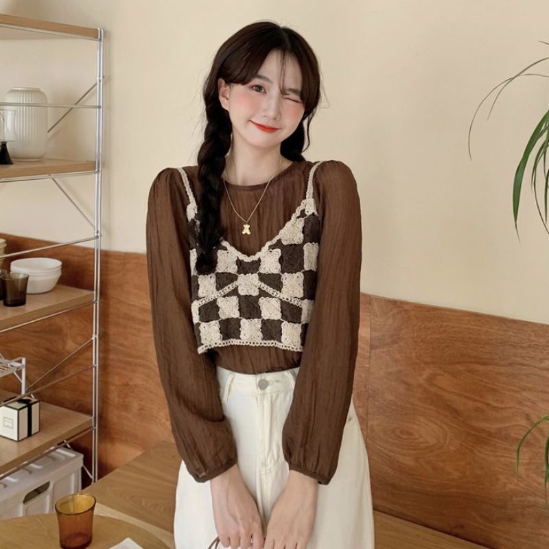 Áo Hai Dây Phối Ren Hoa Phong Cách Retro Hàn Quốc