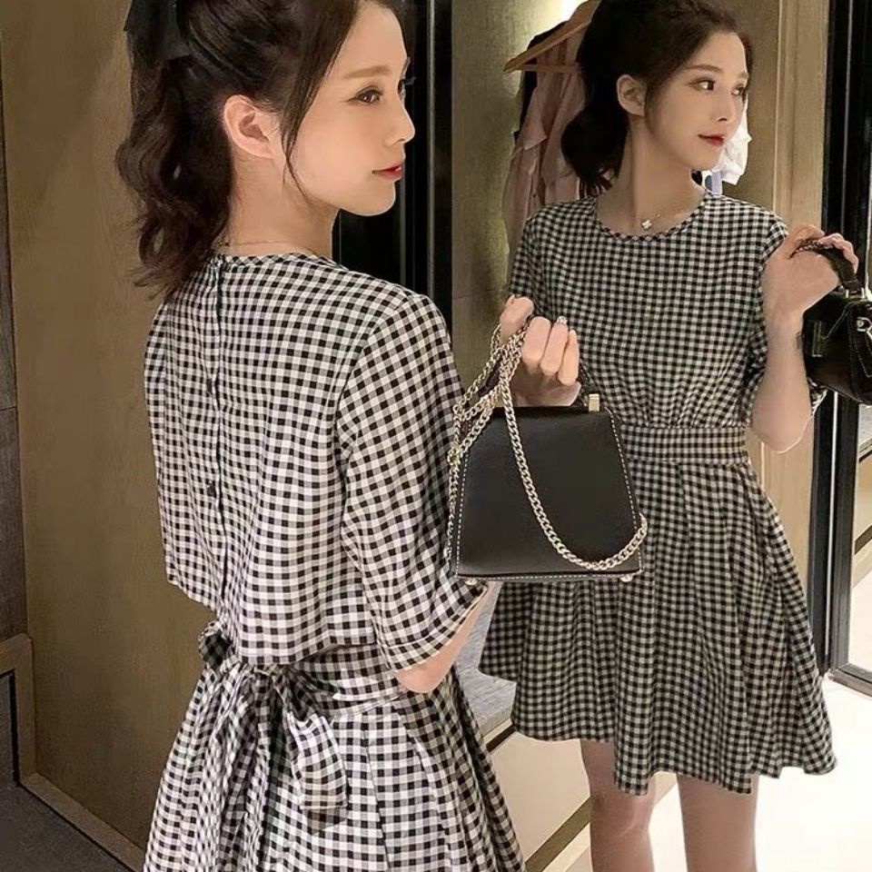 Đầm Midi Họa Tiết Sọc Caro Phong Cách Hàn Quốc Thời Trang Mùa Hè 2022 Cho Nữ