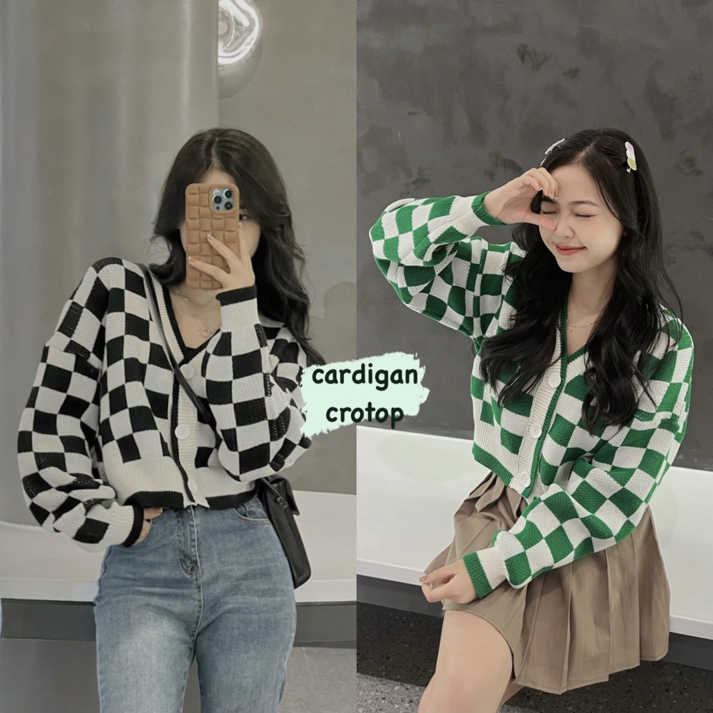 Áo Cardigan len kẻ croptop (ảnh thật)