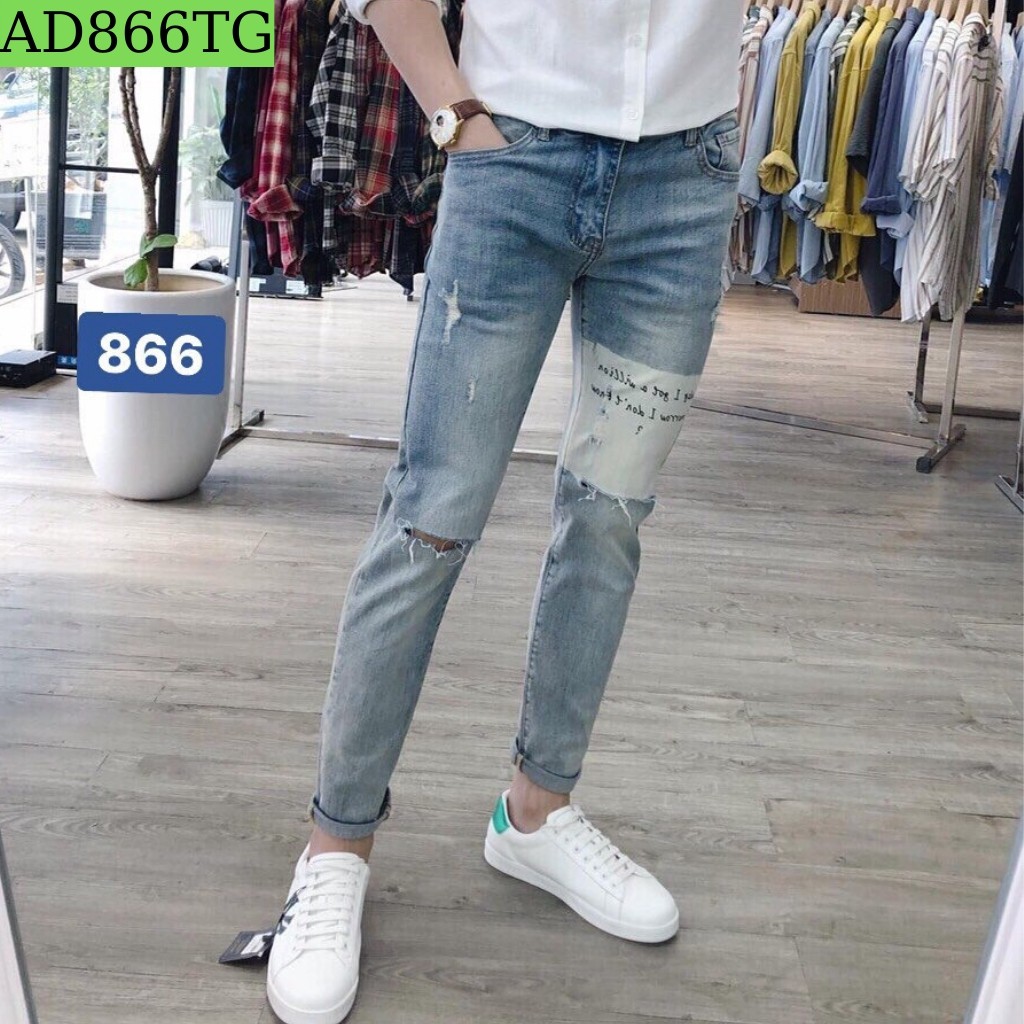 Quần Jean Nam Chất Bò Hàng VNXK AD866 In Chữ Xanh Rách Phong Cách 2020 (44-70KG) | BigBuy360 - bigbuy360.vn