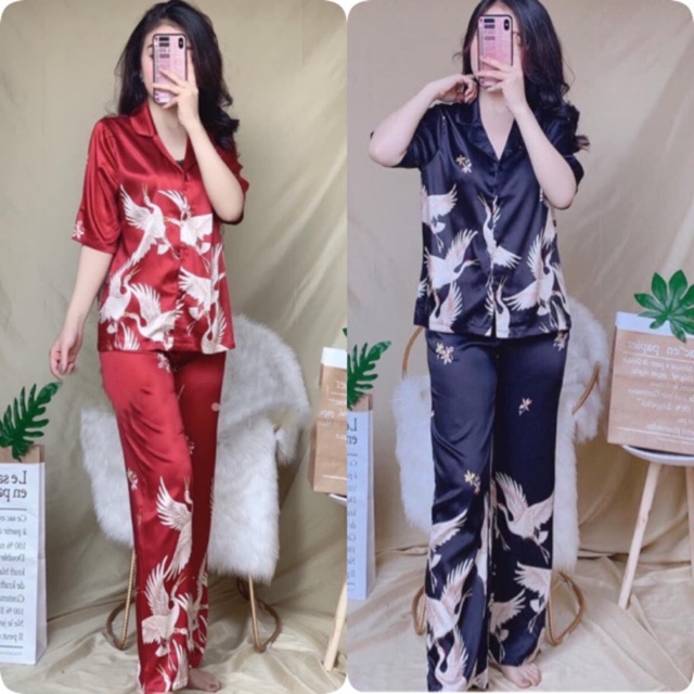 BỘ LỤA SATIN TAY NGẮN CHIM PHƯỢNG