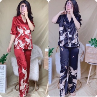 BỘ LỤA SATIN TAY NGẮN CHIM PHƯỢNG