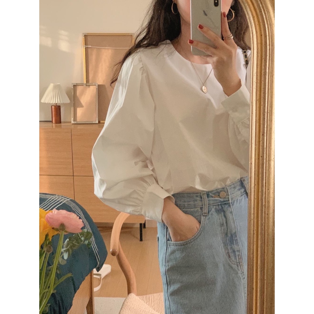 Áo Sơ Mi Tay Dài Phồng Cổ Tròn Dáng Rộng Nhiều Màu Kiểu Hàn Quốc Thời Trang Mùa Xuân