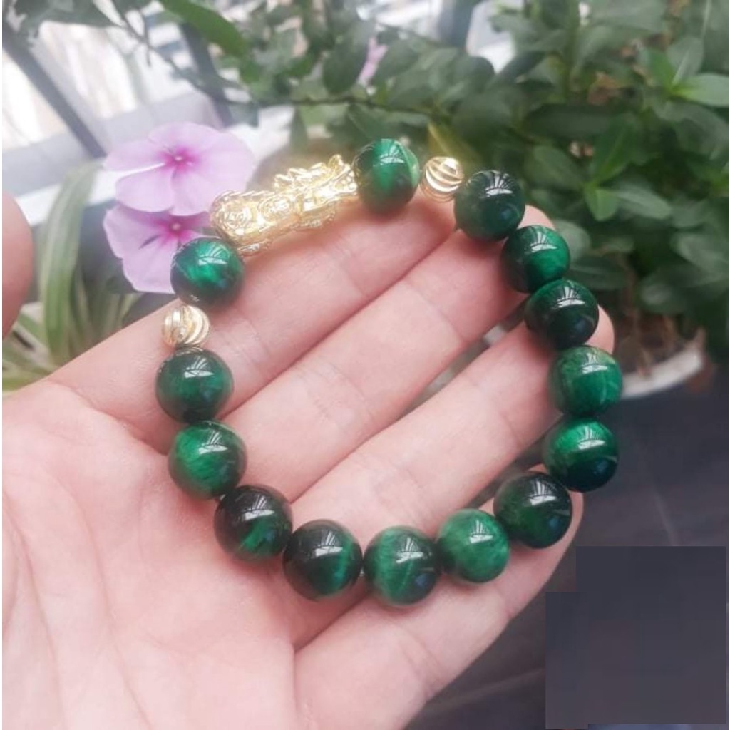 Vòng Tỳ Hưu Đá Mắt Hổ Xanh Lá Mix Charm Bạc mạ Vàng - Vòng Phong Thủy Xanh Lá Mắt Hổ