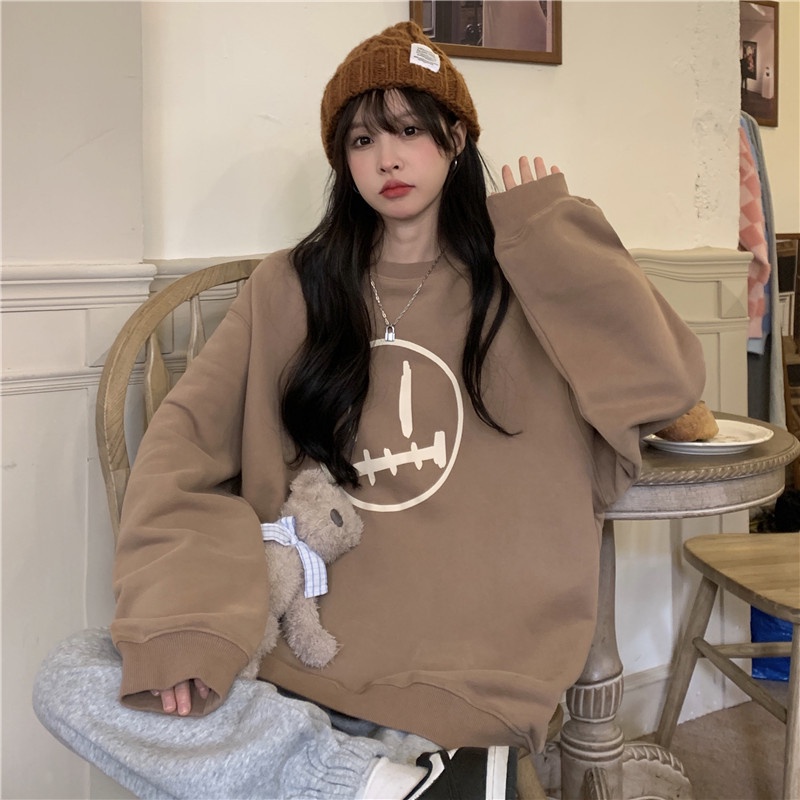 Áo Nỉ Nữ Dài Tay Cổ Tròn In Hình Hoạt Hình Thời Trang Hàn