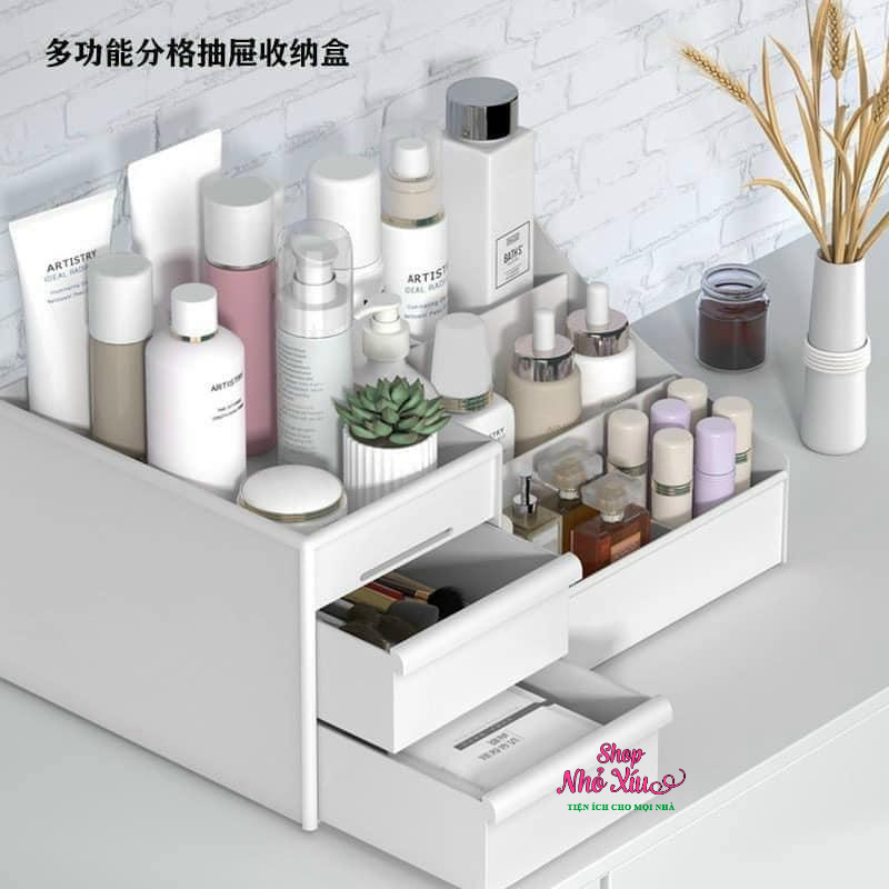 Kệ nhựa đựng mỹ phẩm có 2 ngăn kéo - khay để đồ trang điểm nhựa 2 tầng