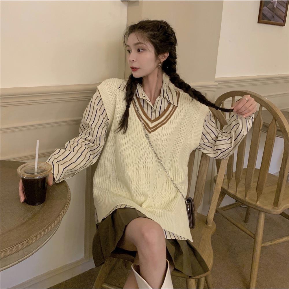 Set Áo Len Không Tay Họa Tiết Kẻ Sọc Kèm Áo Khoác Ngoài Thời Trang Cho Nữ