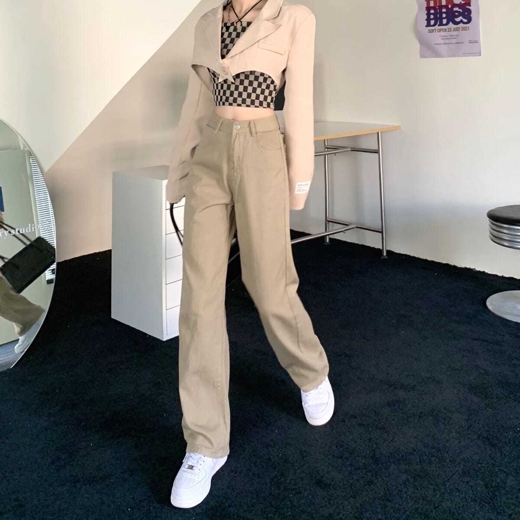 Quần jean dài SUXI ống rộng lưng cao màu sắc đơn giản thời trang Hàn Quốc cho nữ