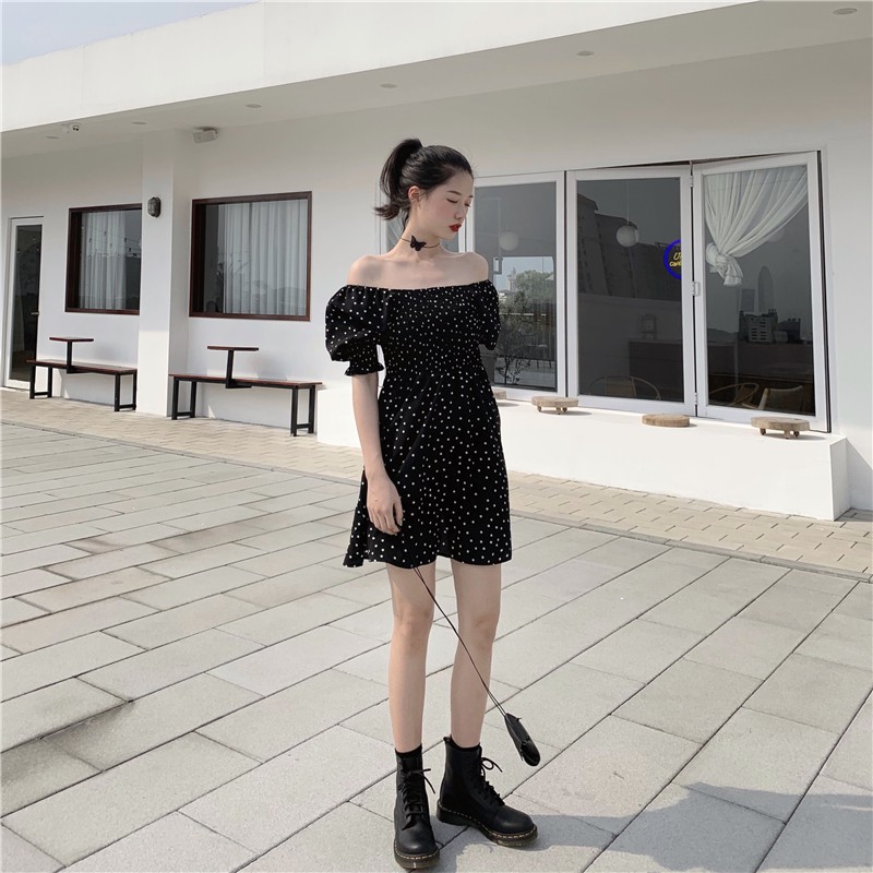 Đầm Nữ Họa Tiết Chấm Bi Tay Phồng Nữ Tính
