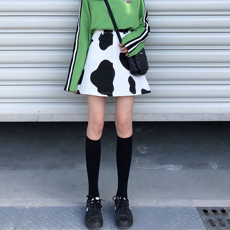 CHÂN VÁY CHỮ A HOẠ TIẾT BÒ SỮA THỜI TRANG CHO NỮ - CHÂN VÁY KAKI ĐEN TRẮNG ULZZANG