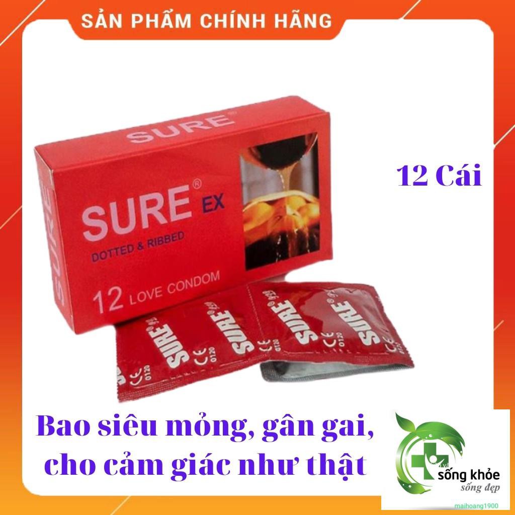 Bao Cao Su Sure Đỏ Hộp 12 Cái- Bao siêu mỏng,gân gai cho cảm giác như thật