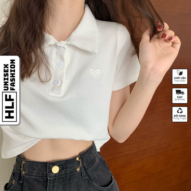 Áo polo croptop tay ngắn nữ thêu trái tim bên ngực, áo thun nữ HLFashion
