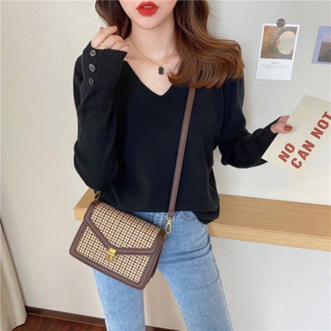 Áo sweater cổ chữ V thời trang thu đông  tùy chọn màu sắc dành cho nữ