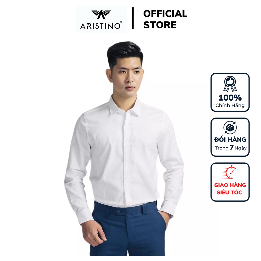 Áo sơ mi nam dài tay ARISTINO ALS52008 somi công sở vải cotton cao cấp màu trắng trơn dáng Suông tà lượn có túi