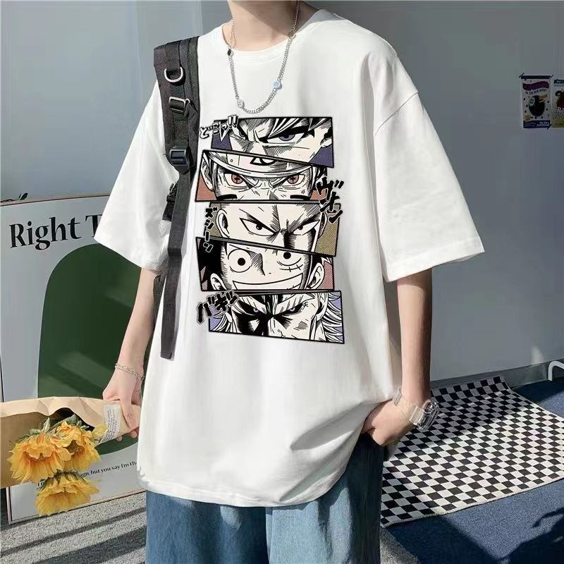 Áo Thun cotton Tay Ngắn Cổ Tròn Dáng Rộng In logo One piece Phong Cách Đường Phố Hồng Kông Cho Nam 6.22