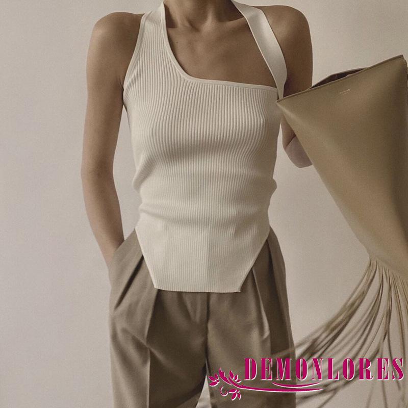 Áo hai dây dệt kim viền gân cổ yếm tà bất đối xứng màu trơn thời trang cho nữ