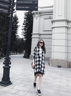 VÁY SƠ MI KẺ CARO PHỐI CHÂN REN