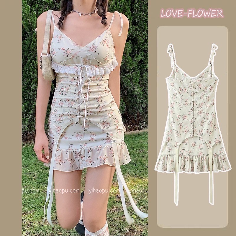 SẴN🎀Váy bánh bèo ulzzang hai dây hoa nhí đuôi cá ngắn ôm body phối ren thắt dây eo|Đầm kiểu tiểu thư dễ thương kỉ yếu