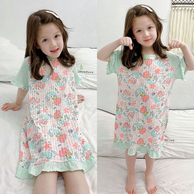 Đầm Ngủ Cotton Tay Ngắn Cổ Tròn Thoáng Khí Thời Trang Mùa Hè Cho Bé Gái