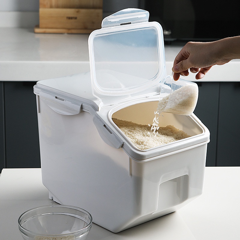 Thùng nhựa đựng gạo nắp đậy kín, có bánh xe mini di chuyển size 15kg
