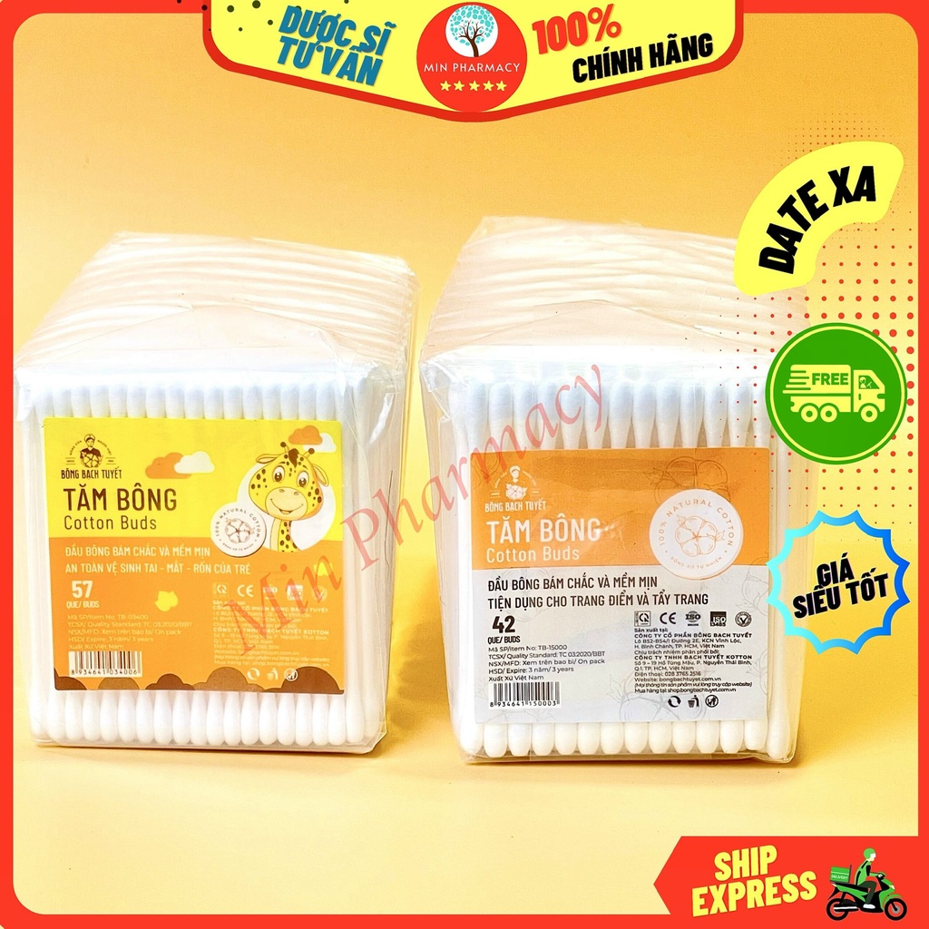 Tăm Bông BẠCH TUYẾT Cotton Buds Bông Dành Cho Người lớn 42 Que/ Trẻ Em 57 Que - Minpharmacy
